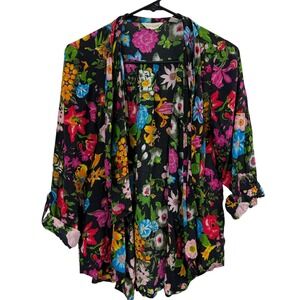 TYLHO Cardigan Womens Medium Black Floral Print Open Front Roll Tab Sleeve